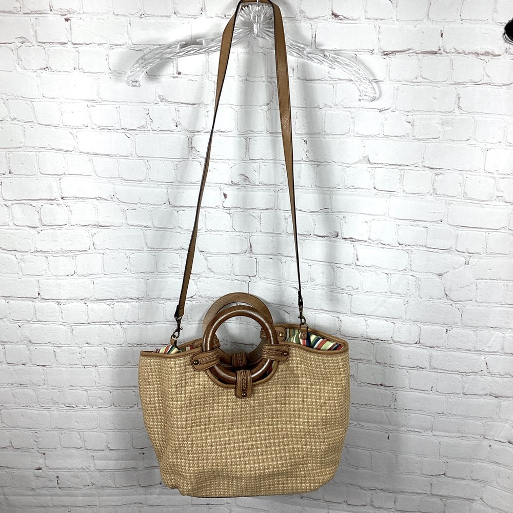 Fossil 1954 Classic Woven Purse Wooden Handles Detachable Straps Beige Brown